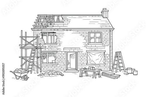 Illustration of house under renovation with scaffolding and building materials