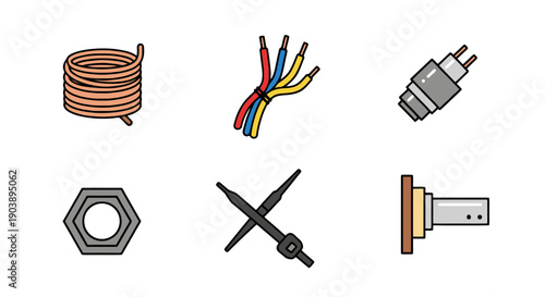 A collection of various electric components including wire, connectors, and tools on a clean background viewed from directly above