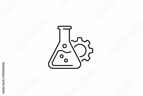 Black and white laboratory flask with cogwheel icon representing science and engineering