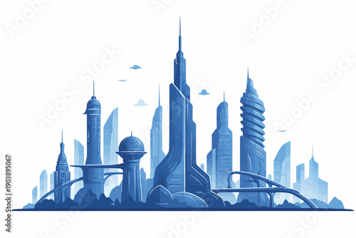 Futuristic city skyline with tall buildings and modern architecture