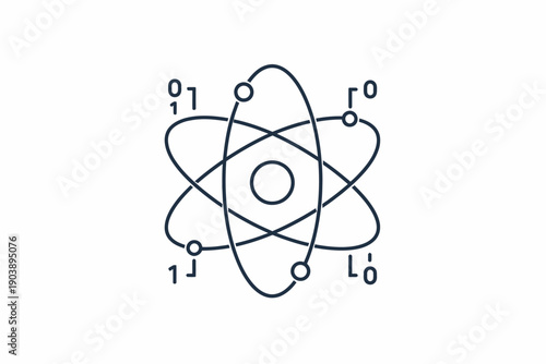Quantum computing concept with atom and binary code elements