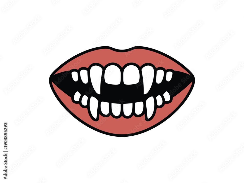 Fototapeta premium Vampire Fangs with Red Lips in Cartoon Style with Bold Black Outline for Halloween Design