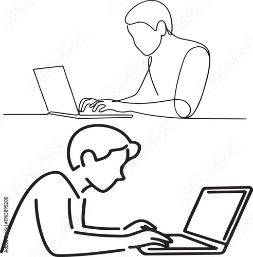 Continuous line art of people working diligently on laptops