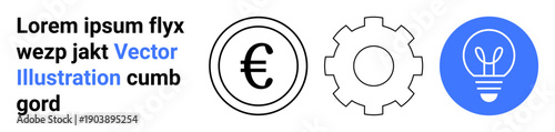 Business planning, technology concepts, innovation understanding, financial strategy, economic progress, design inspiration. Euro symbol, gear and light bulb icons. Economy and technology concepts
