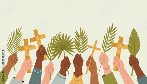 Hands holding crosses and palm branches for easter celebration and holy week day, Palm Sunday