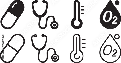 Silhouette bold outline medical vector icons temperature heartbeat capsule oxygen.