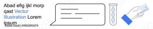 Genetics, science education, DNA analysis, communication, medical testing, lab research. Hand holding test kit, tube with DNA strand and speech bubble. Genetics and science education concept