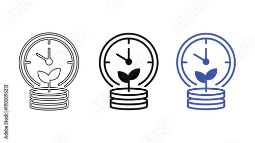 Time Value of Money and Financial Growth Icon Set: Compound Interest, Investment Savings, and Long-Term Profit Concept