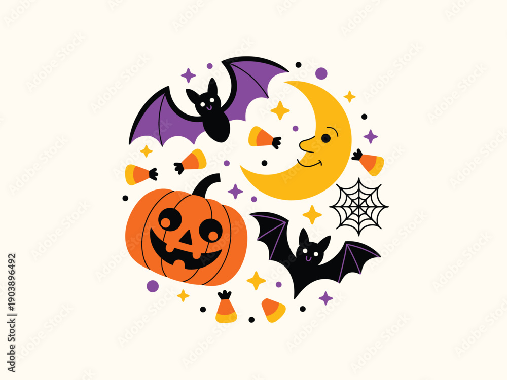 Fototapeta premium Halloween Elements in Cartoon Style with Bright Colors and Simple Texture for Party Invitation