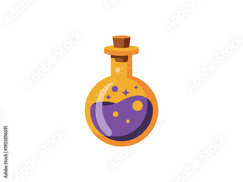 Potion Bottle with Purple Liquid in Cartoon Style with Bright Lighting on White Background for Fantasy Illustration