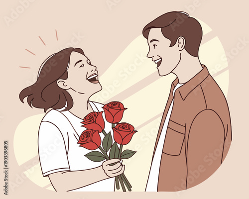 A man gives roses to a woman who is smiling Vector