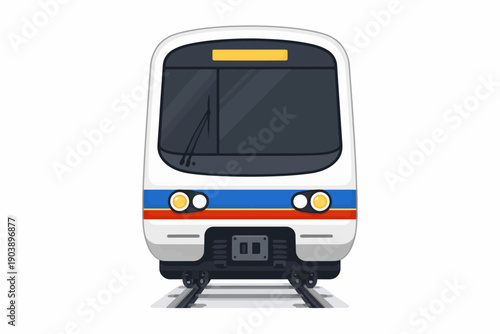 Modern train front view on tracks with blue and red stripes