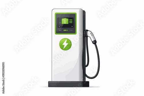 Electric vehicle charging station with green energy display on white background