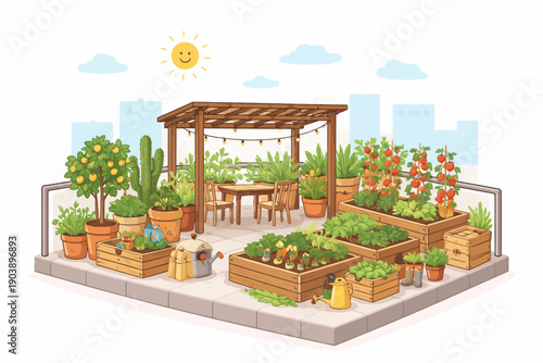 Rooftop urban garden with vegetables and fruits under sunny skies