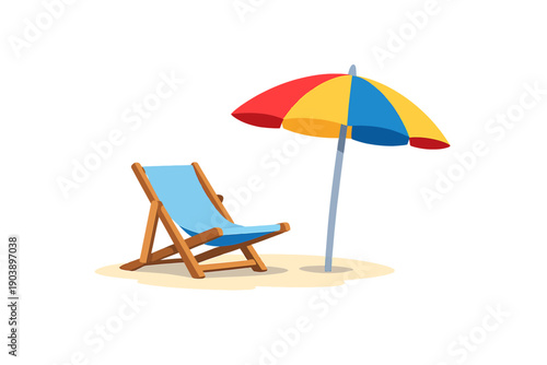 Colorful beach scene with wooden chair and bright umbrella