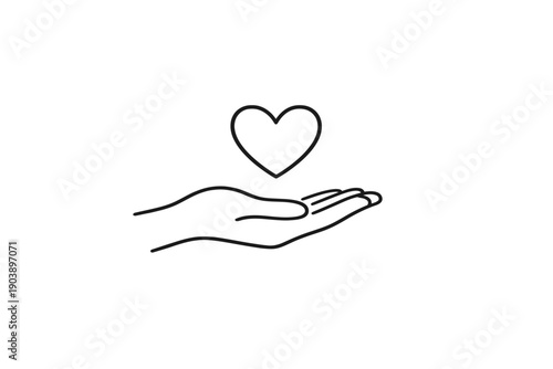 Minimalistic black and gray heart in hand symbol displaying love and care