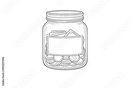 Sketch of a savings jar filled with coins and money against a grey background
