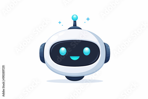 Smiling cartoon robot with blue antenna and eyes on white background