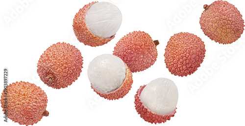 Falling lychee fruits isolated on white background