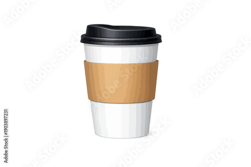 Disposable coffee cup with lid and sleeve on gradient background