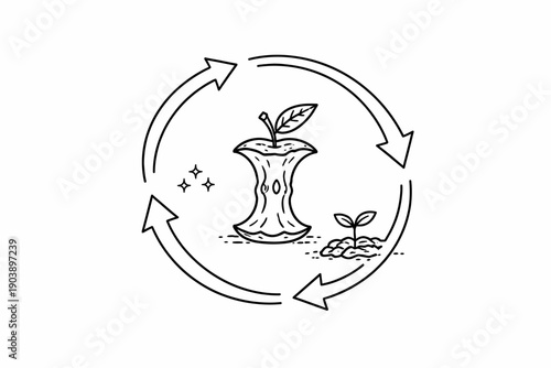 Black and white composting symbol with apple core and arrows indicating recycling process