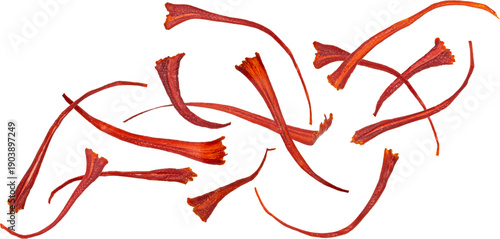 Falling saffron threads isolated on white background