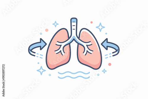 Illustrated human lungs with breathing arrows and blue stars on white background