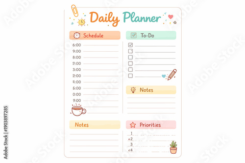 Colorful daily planner template with schedule, to-do, notes, and priorities sections