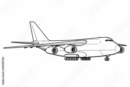 Detailed black and white illustration of a large airplane with multiple engines