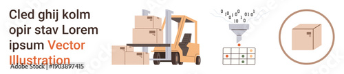 Warehouse logistics, data analysis, supply chain, shipment management, inventory tracking, packaging. Forklift carrying boxes, a data sorting funnel and a package icon. Warehouse logistics and data