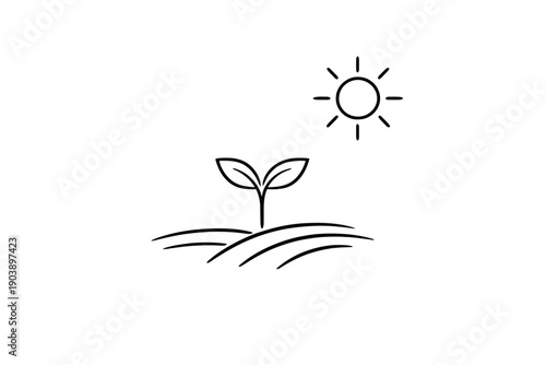 Simple line art of a plant seedling and sun on gradient background