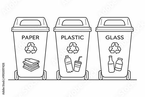Recycling bins for paper, plastic, and glass with symbols for waste sorting