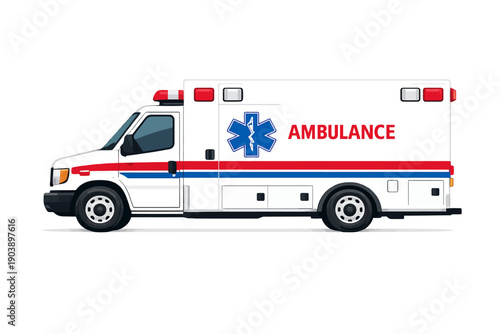 Side view of an emergency ambulance with lights and medical symbol on grey background
