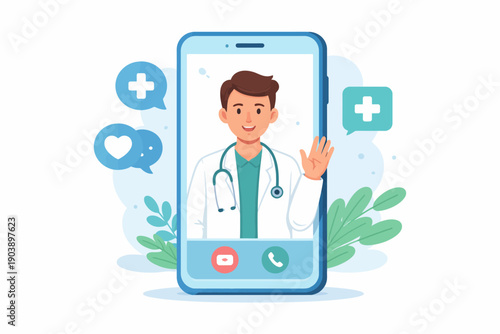 Smiling male doctor teleconference on smartphone screen with health icons