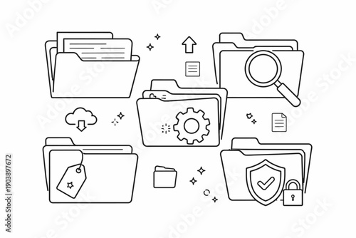 Digital file management system icons with folders and security elements