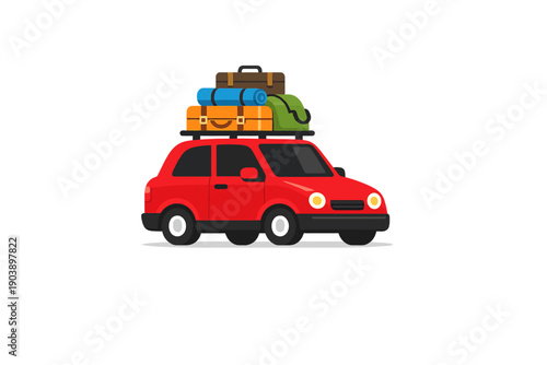 Red car with luggage on roof for travel adventure