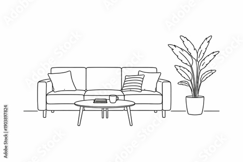 Minimalist living room with sofa, coffee table, and houseplant line art design