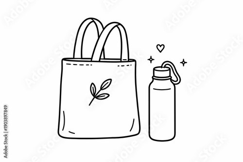 Eco-friendly tote bag and reusable water bottle line art illustration