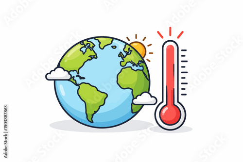 Climate change concept: earth with thermometer and sun symbolizing global warming