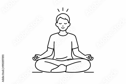 Line art of young caucasian male meditating in lotus pose