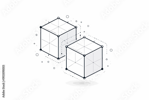 Minimalist geometric cubes floating in space with dotted connections