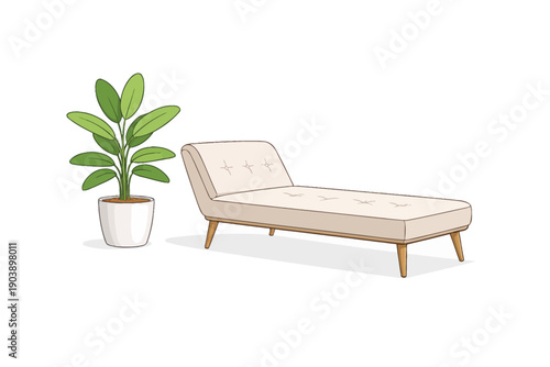 Modern minimalist lounge chair with potted plant on white background