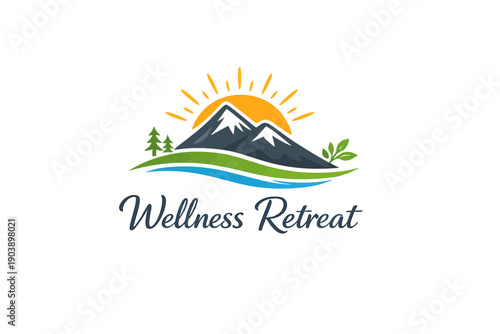 Wellness retreat logo featuring mountains, sun, and nature elements