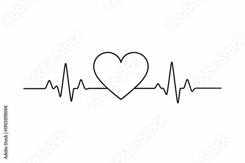 Heartbeat line art with heart shape centered on white background