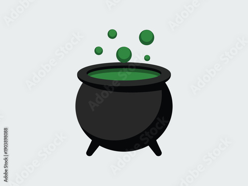 Witchs Cauldron Bubbling Green Potion in Simple Flat Design on White Background for Halloween Illustration