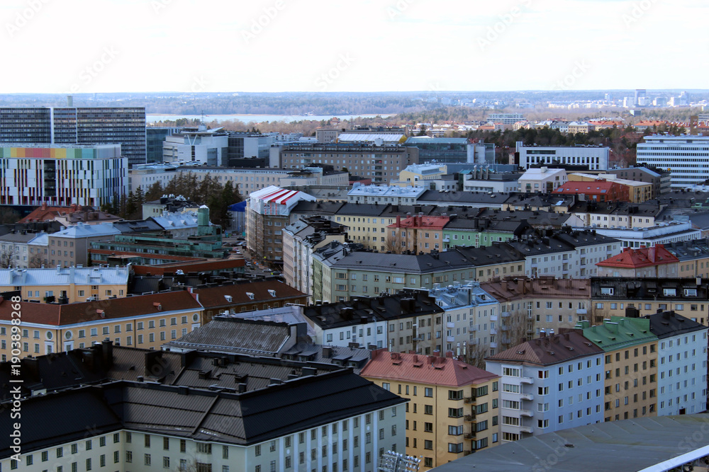 Fototapeta premium Aerial View of Helsinki Colorful Residential Buildings and City Center
