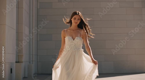 Bride walking slowly toward the camera, dress flowing gracefully. Neutral surroundings and cinematic movement create a timeless, high-end wedding portrait with elegant motion.
