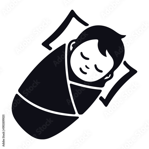 Stylized illustration of a sleeping baby wrapped in a blanket