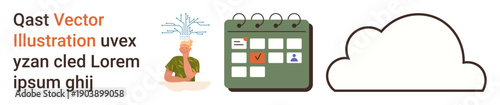 Mental clarity, productivity, cloud storage, data organization, time management, digital tools. Human figure with brain activity, calendar icon cloud shape. Mental clarity and productivity concept