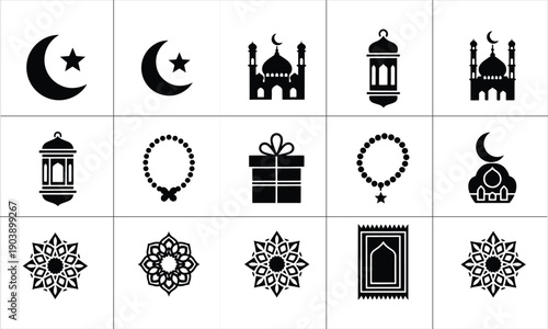 Islamic Culture Icon Set for Ramadan Celebration with Mosque and Lantern Silhouette